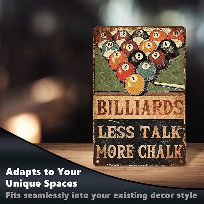 Retro Billiards Tin Sign Less Talk More Chalk Metal Wall Decor with 8 Ball & Pool Cue Decorations for Man Cave Game Room Basement Bar Pub Tavern Wall Art 12 * 8 In