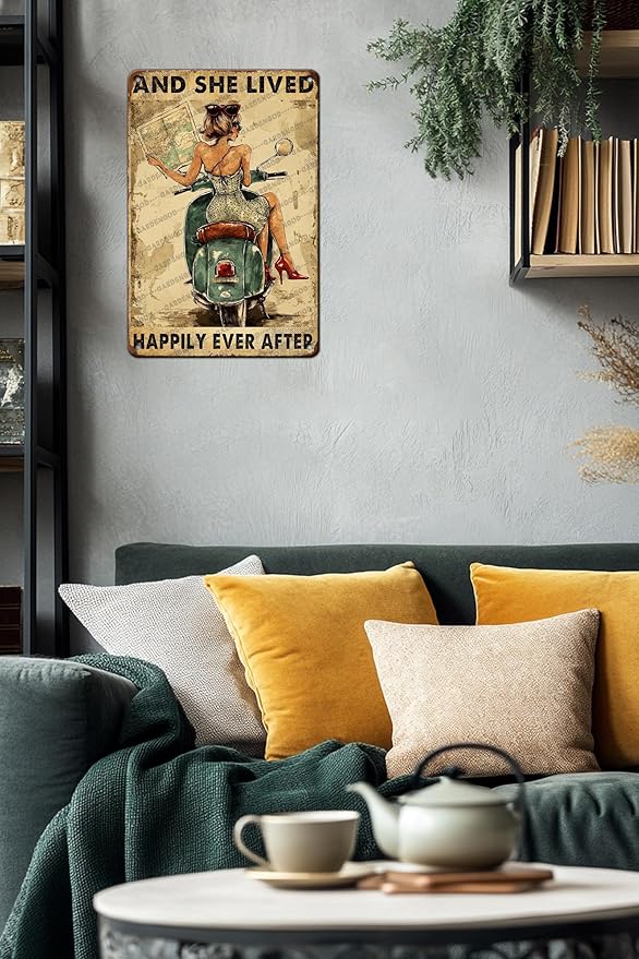 And She Lived Happily Ever After Motorbike Ancient Bike Metal Wall Art Metal Signs For Decor Vintage Wall Decor 12x8 Inch