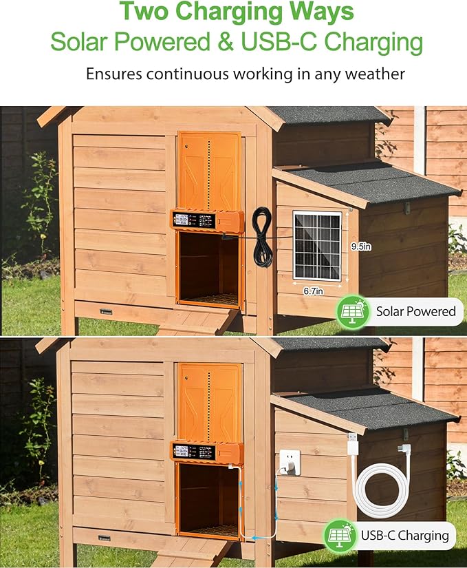 Automatic Chicken Coop Door Solar Powered, Size 14.2″ x 10.8″, Orange Aluminum Alloy Chicken Coop Door Design with USB-C Charging & 3 Modes, Auto Chicken Door with Remote Control, Anti-Pinch