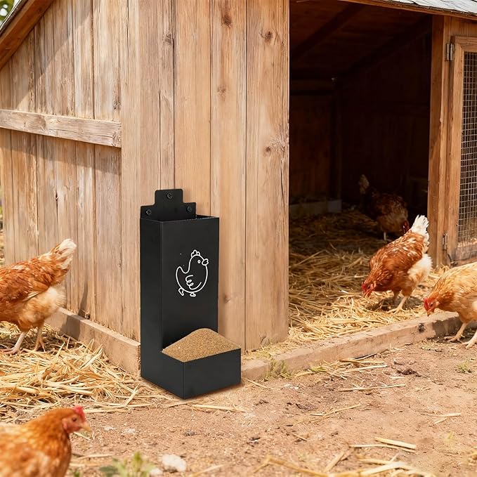 Automatic Chicken Grit Feeder Metal Hanging Poultry Feeder with Anti-Waste Design for Hens and Chicks Easy to Install Clean Outdoor Indoor Coop Accessories Small Farm Ranch Backyard Use (Black)