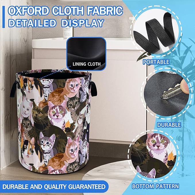 Cat Laundry Basket Oxford Cloth Funny Kitten Face Laundry Hamper With Handle Foldable Portable Clothes Storage Basket 18.9 X 16.5 In Storage Bag For Laundry Room/Bathroom/Bedroom/Dormitories