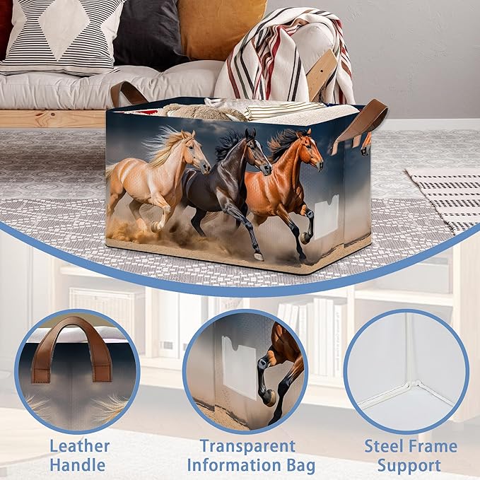 Running Horse Storage Basket with Handles,Collapsible Rectangle Organizer Bin for Room Decoration Books Box Baskets 17x11.5x10Inch