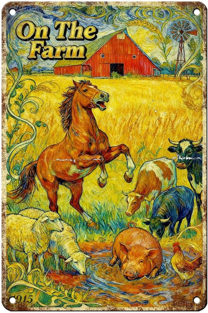 Vintage Farmhouse Tin Sign Cow Sheep Pig Chicken Retro Metal Sign Funny Animal Lovers Nostalgic Rustic Wall Decor For Home Farm Yard Outdoor Cafe 12 * 8In