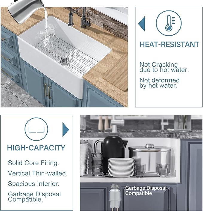 White Farmhouse Sink 30 x 18 Inch, Firecaly Apron Front Undermount Farm Kitchen Sink Single Bowl, with Custom Accessories 2 Types, for Kitchen, Laundry, Small Space