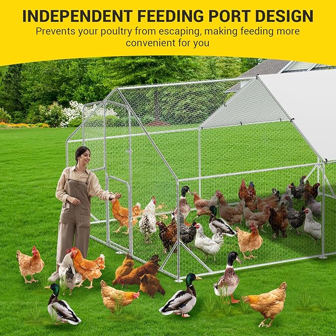 Large Metal Chicken Coop, Walk-In Poultry Cage, Chicken Run Pen House With Reinforcement & Waterproof & Anti-Ultraviolet Cover Chicken Coop Run With Double Lockable Doors for Outdoor 9.8 x 13.1X 6.6ft