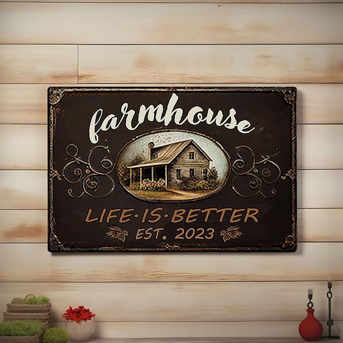 Rustic Farmhouse Metal Sign Vintage Style Life is Better Wall Decor Gift 12x8 Inches