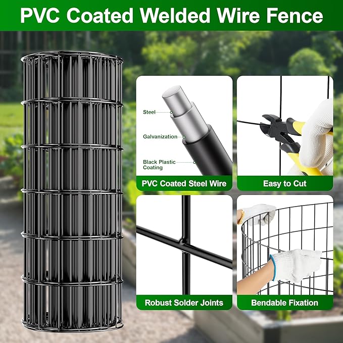 AMAGABELI GARDEN & HOME Black PVC Coated Weld Wire Fence Mesh 24inch ×50ft Hardware Cloth for Chicken Coop Vegeatable Garden Bed Yard Plant Protection Poultry Netting Barrier Dog Cat with Stakes Ties