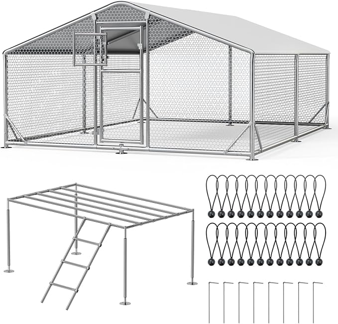 13x10 FT Walk in Chicken Coop with Perch, Functional Split Door Metal Chicken Coop Run with Hardware Cloth & Cover, Heavy Duty Duck Pen with Galvanized Frame, Large Animal Run for Chicken, Duck, Goat