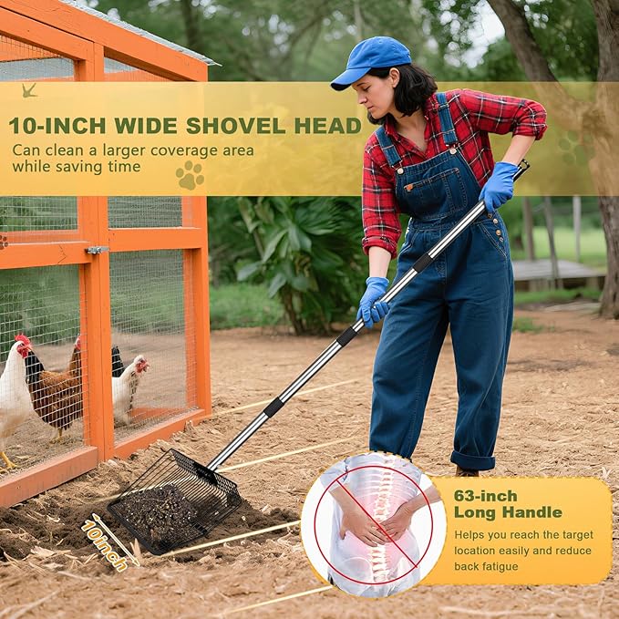 Chicken Poop Scooper - Stainless Steel Sifter Shovel 10 Inch Wide, 4-in-1 Detachable Tool 63 Inch Adjustable Metal Non-Slip Ergonomic Handle Heavy Duty Clog-Free Mesh Coop Scoop Cleaning Supplies