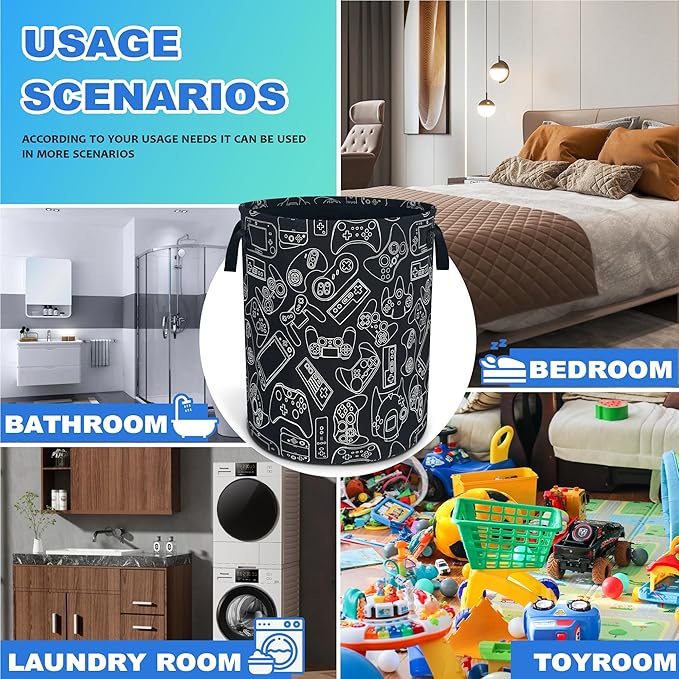 Game Controller Laundry Basket Oxford Cloth Gaming Laundry Hamper With Handle Foldable Portable Clothes Storage Basket 18.9 X 16.5 In Storage Bag For Laundry Room/Bathroom/Bedroom/Dormitories
