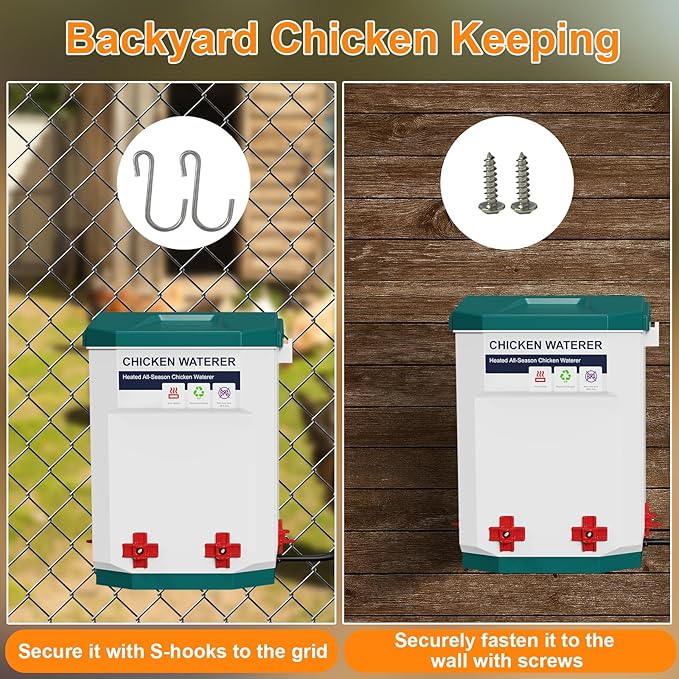 Heated Chicken Waterer 3.2 Gallon, Winter Water Heater, Freeze Proof Chicken Waterer, 4 Nipples for Clean Water，Detachable Legs, Adjustable Height for Chickens, Pigeons, Beaked Poultry