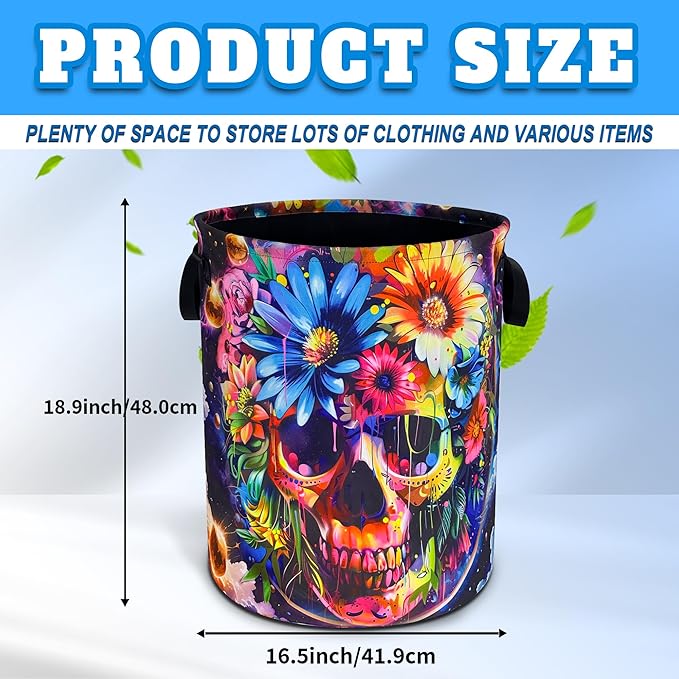 Skull Flowers Laundry Basket Oxford Cloth Funny Skeleton Laundry Hamper With Handle Foldable Portable Clothes Storage Basket 18.9 X 16.5 In Storage Bag For Laundry Room/Bathroom/Bedroom/Dormitories