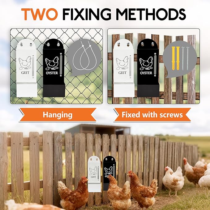 2Pack Chicken Grit and Oyster Shell Feeder, Poultry Feeder with Visual Window, No-Mess Weatherproof, Metal Hanging Gravity Chicken Feeder, Chicken Coop Accessories (Combo-Black/White)