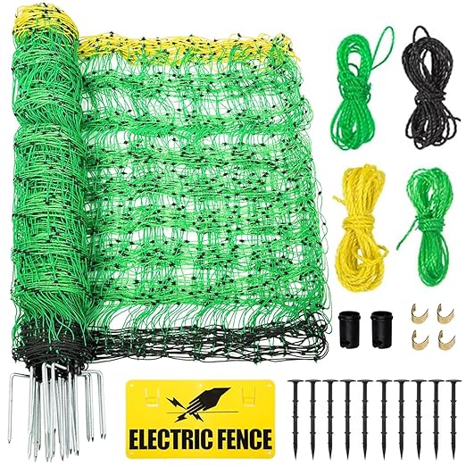 Electric Fence Netting, 49.6" H x 164'L Electric Anti-Predator Poultry Fence, PE Net Fencing Kit with 14 Posts Double Spiked, Movable Livestock Nets for Sheep, Hogs, Cattle and Other Big Poultry