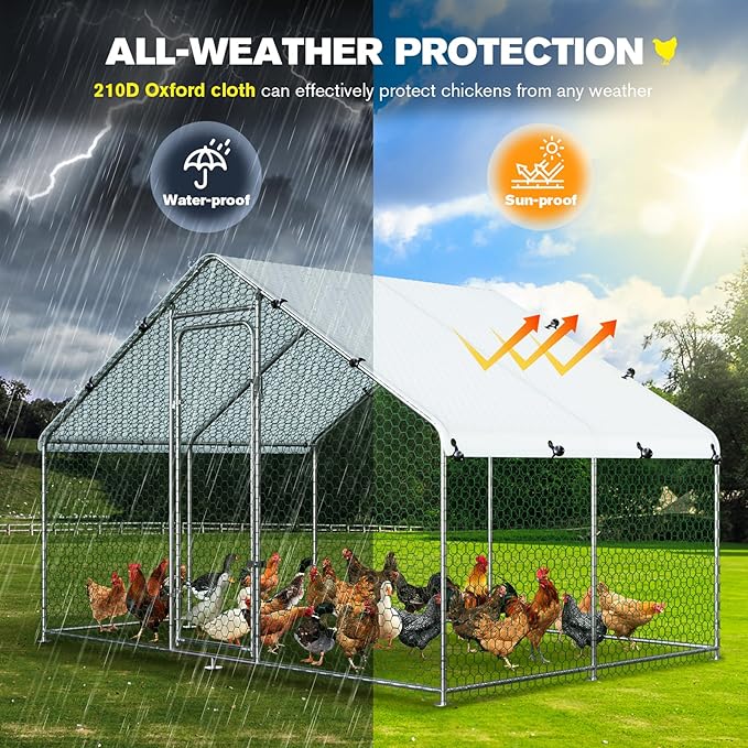 Large Metal Chicken Coop Walk-in Chicken Run with Waterproof Cover Outdoor Backyard Farm Anti-UV Spire Shaped Cage for Poultry, Ducks, and Rabbits(9.8' L x 6.5' W x 6.5' H)