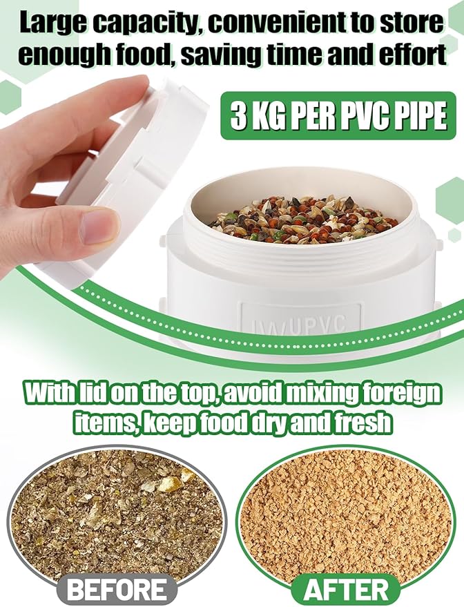 2 Set Automatic Chicken Feeder No Waste - 13 Pounds Large Capacity Heavy Duty PVC Pipe Hanging Chicken Feeder, Poultry Gravity Feed Port for Chicken Long Feeding