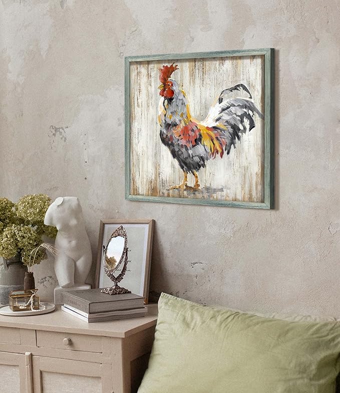 Farm Wall Art Wooden Decor: Rooster Framed Print Rustic Farmhouse Animal Artwork Picture Country Chicken Print Painting for Kitchen Bathroom Living Room 16 x 16 Inches