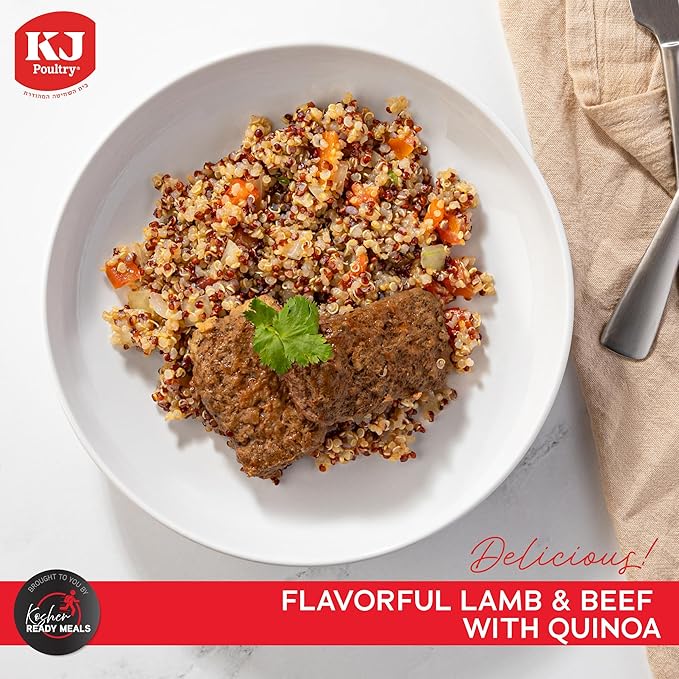 KJ Poultry Kosher Ready Meals - Beef Lamb Kabob & Quinoa, MRE Meat Meals Ready to Eat (12 Pack) Prepared Entree Fully Cooked, Shelf Stable Microwave Dinner Travel, Military, Camping Emergency Survival