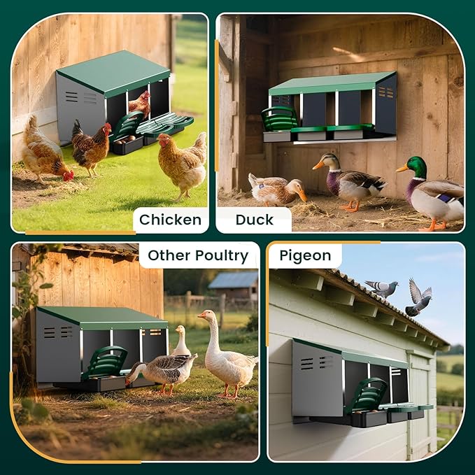 Chicken Nesting Boxes, 3 Compartments Roll Away Egg Laying Nest Box for Hens, Galvanized Steel Nesting Boxes for Chickens with Rollout Egg Drawer, Protects Eggs for Chicken Coop