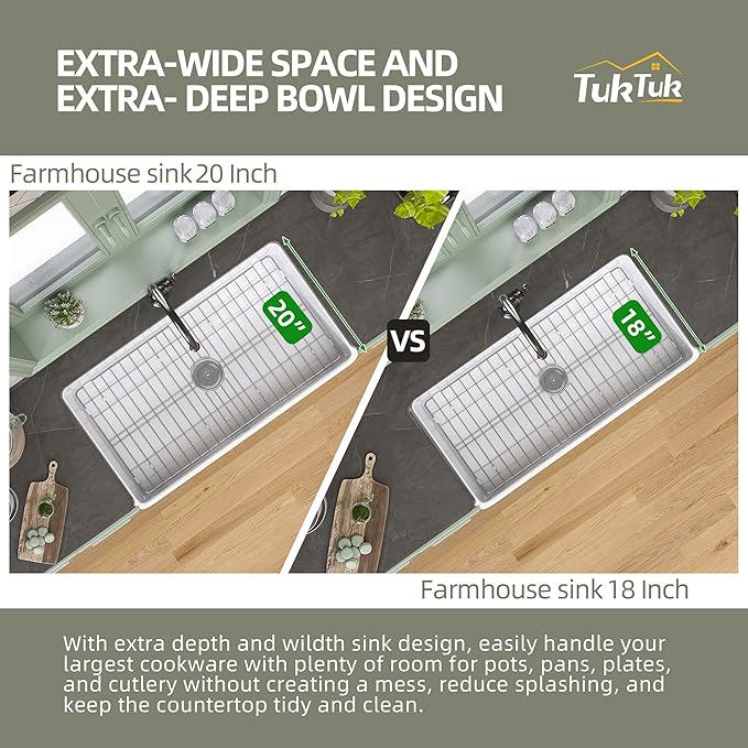 TUKTUK White Farmhouse Sink 36 x 20 Fireclay Apron Front Farm Sink Undermount Single Bowl Deep Big Capacity Extra Wider Reversible Modern with Luxury Accessory Kit