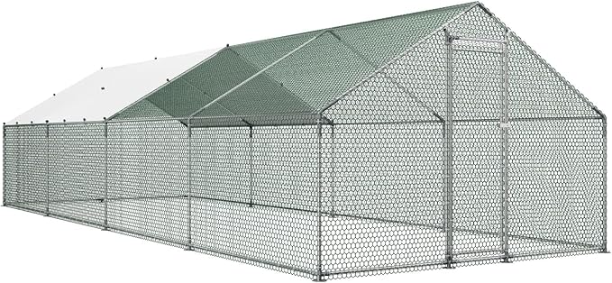 VEVOR Large Metal Chicken Coop with Run, 9.8x26.5x6.5 ft Walk-in Chicken Runs for Yard with Cover, Spire Roof Hen House with Security Lock for Outdoor and Backyard, Farm, Duck Rabbit Cage Poultry Pen