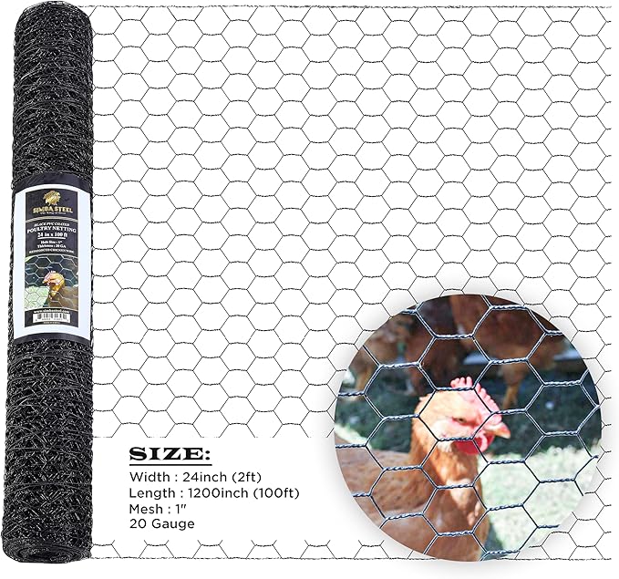 24” x 100 FT PVC Hexagonal Poultry Netting Chicken Wire | 1" Mesh | 20 Gauge | Black PVC Vinyl Coated | Rust Proof | for Garden, Fence, Chicken, Rabbit (PVC 24 x 100)