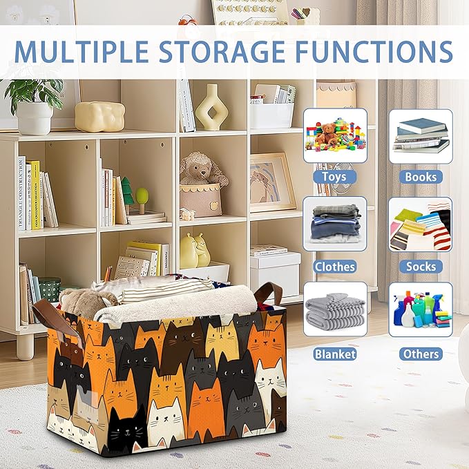 Funny Cat Storage Baskets,Foldable Organizer Bin with Handles for Home Living Room Bedroom Closet Box 17x11.5x10Inch