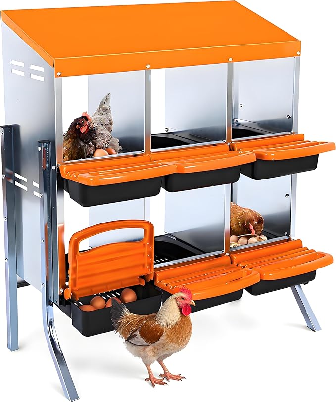 Two-Tier Chicken Nesting Box, 6 Hole Metal Chicken Egg Laying Box with Roll Away, Egg Collection Nesting Boxes for Chicken Coop, with Leg