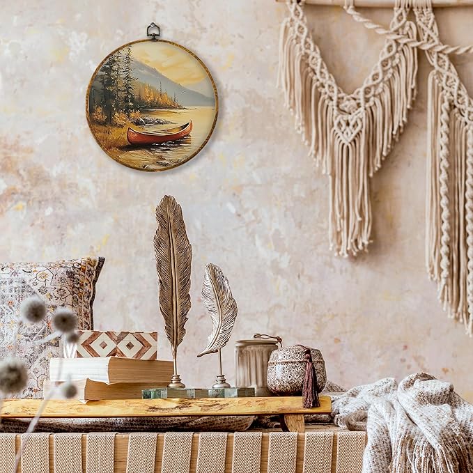 shiviody Vintage Lake Boats Canvas Wall Art Decor, Nautical Sailing Boat Wall Decor, Modern Scenic Landscape Round Hanging Frame Prints Decorations for Living Room Bedroom 10"x10"