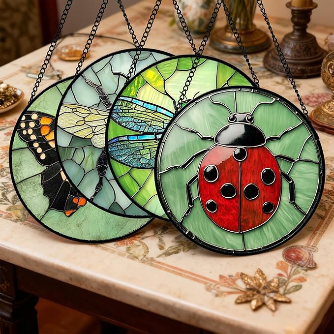 Stained Glass Window Hanging 4 Pcs Set Butterfly Dragonfly Bee Ladybug 9.8" - Suncatcher Door Garden Sun Catcher Decor Birthday Mother's Day for Mom Woman Nana Men