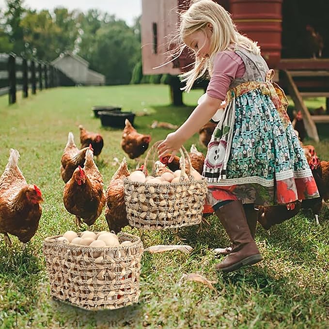 2 Pcs Eggs Collecting Baskets, Handmade Water Hyacinth Storage Basket for Gathering Fresh Eggs, Egg Holder with Handle for Harvest Farmhouse and Kitchen Use Seagrass Basket for Chicken-Egg