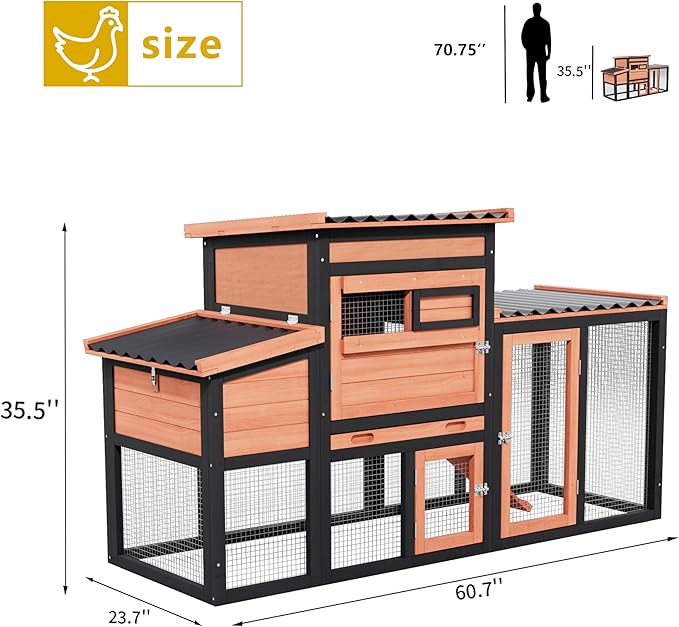 Wooden Chicken Coop with Outdoor Run, 4-Season Weatherproof Poultry Cage for Hens Ducks Rabbits, Large Walk-in Pet House with Nesting Box, Removable Tray & Secure Latch for Backyard Farm