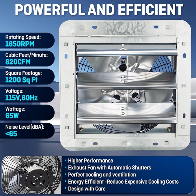 iLiving 10" Wall Mounted Shutter Exhaust Fan, Automatic Shutter, with Thermostat and Variable Speed controller, 65W, 820 CFM, 1200 SQF Coverage Area Silver (ILG8SF10V-ST)