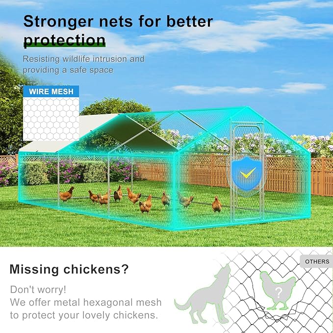 Large Metal Chicken Coop with Weatherproof Cover and Multi-Purpose Chicken Run for Chickens, Ducks, Rabbits, Farm and Yard Animal Pen (10’ W x 19.7’ L x 6.4’ H, Spire Roof)
