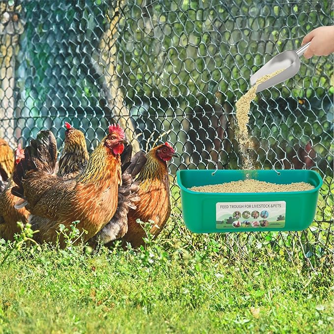 6 Pack Fence Feed Feeder 4.5 Quart Hanging Chicken Feeder Trough with Brush & Scoop Green Goat Hanging Fence Feeders Feeder with Hooks Screws & Zip Tie for Livestock Feeding Container Goats Supplies