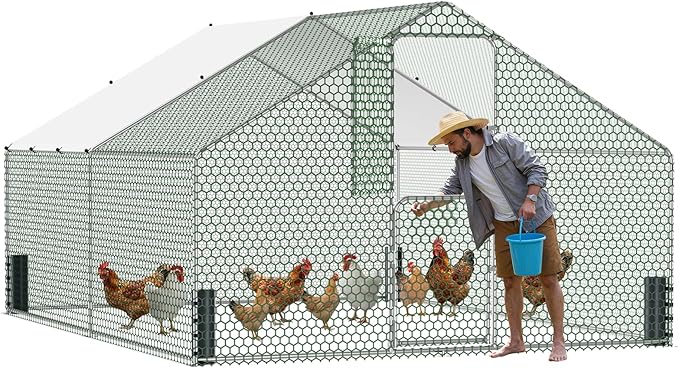 Large Metal Chicken Coop, Walk-in Chicken Run with Feeding Door, Security Lock and Cover, Outdoor Duck/Rabbit Cage Poultry Pen for Backyard, Farm, Yard (Silver - Spire Roof, 13.1 x 9.8 x 6.5 FT)