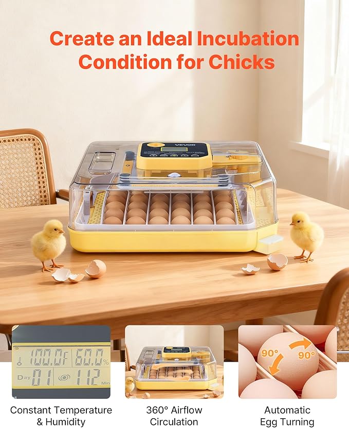 VEVOR 48 Egg Incubator, Automatic Egg Turner with LED Candler, Temperature Display & Auto Humidity Control, 360° View Clear Window, Poultry Eggs Incubator for Hatching Chicks Ducks Goose Quail