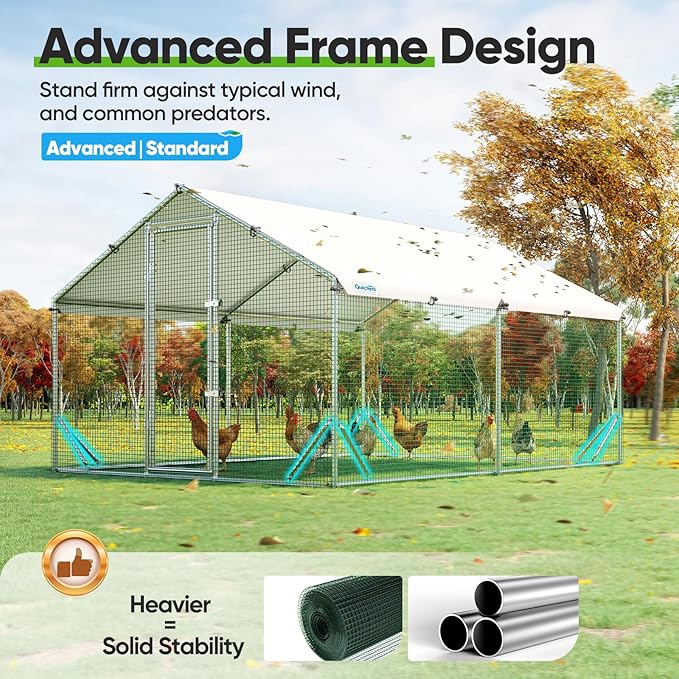 Quictent Large Metal Chicken Coop Run for 20+ Poultry with Side Hardware Cloth & Waterproof Cover, Advanced Series Outdoor Walk-in Cage Hen Duck Rabbit Dog Pen Yard Farm House, 12x9x6.6FT