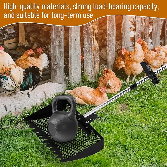 Lothee 11.8 Inch 2-in-1 Large Chicken Poop Scooper & Rake with Adjustable Shovel Head Angle, 5 Length Adjustable Stainless Steel Handle(23-76"), Coop Rake Ergonomic Grip for Chicken Coop Cleaning