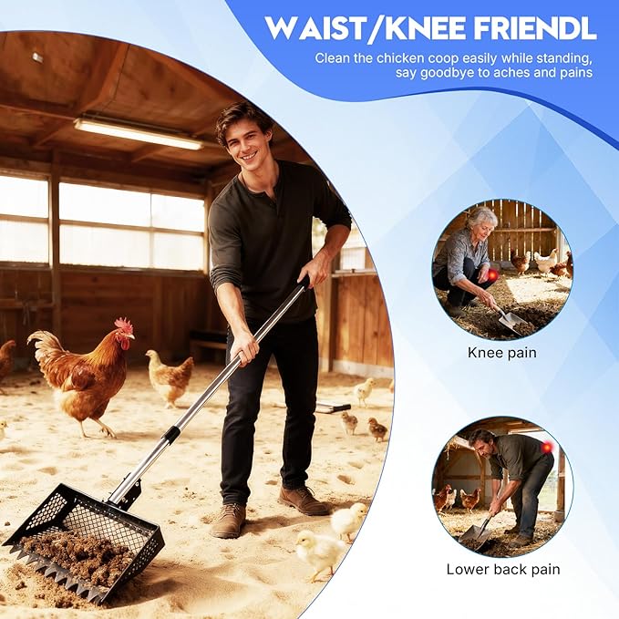 Chicken Coop Scoop & Rake 2-in-1,Chicken Poop Scooper with Stainless Steel Handle (35-61.8" Adjustable),Sifter Shovel Chicken Coop Sand Rake for Chicken Coops & Farm Animals