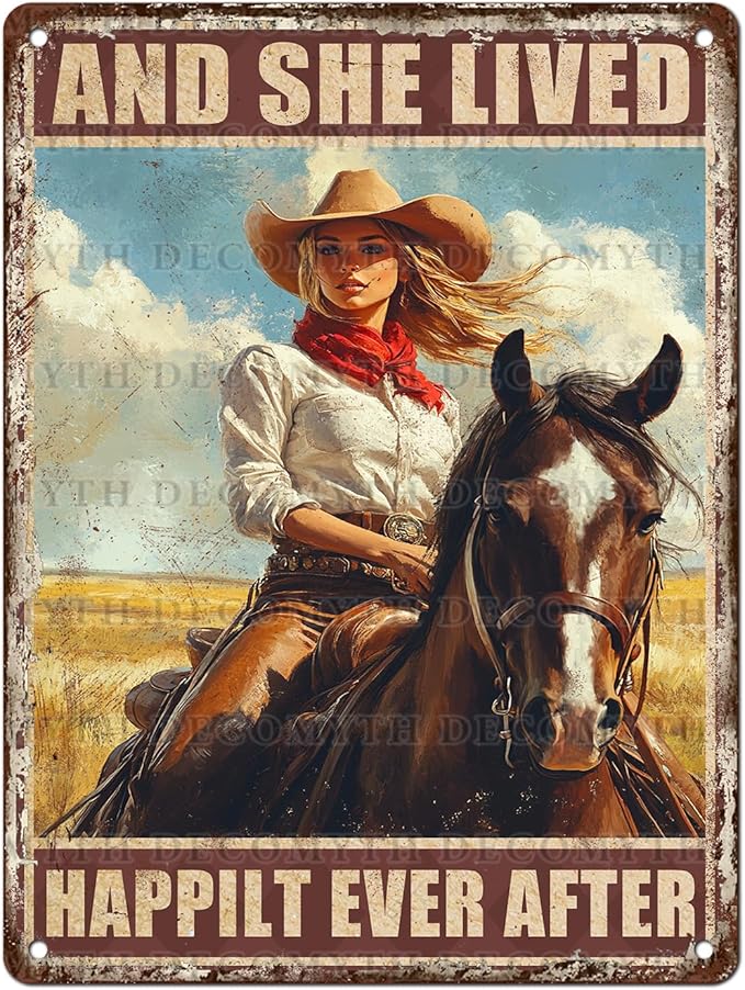 Vintage Wall Decor Cowgirl Art Nostalgic Tin Sign for Horse Lovers for Home Office Kitchen Bar Cafe Garden Wall Decor 12 * 16inch
