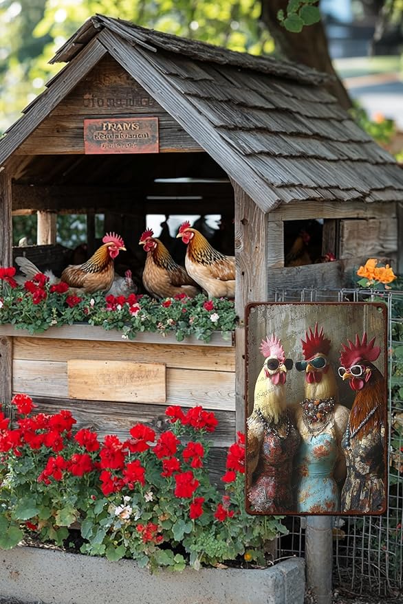 Funny Vintage Chicken Farm Metal Sign Chicken Fashionable Rooster Tin Sign Metal Poster Home Garden Farmhouse Restaurant Garage Aluminium Sign Art Wall Decor 16x12 Inch