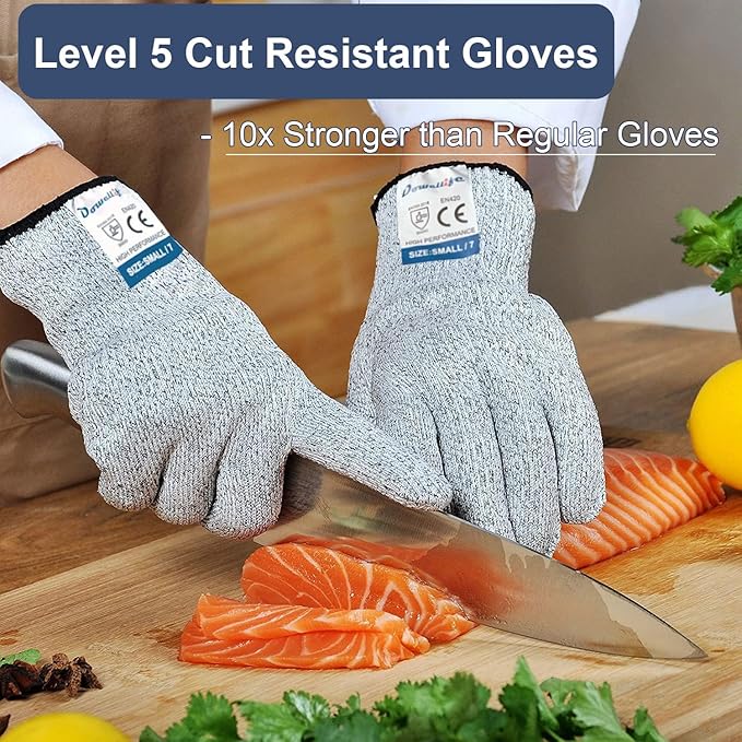 Dowellife Cut Resistant Gloves Food Grade Level 5 Protection, Safety Kitchen Cuts Gloves for Oyster Shucking, Fish Fillet Processing, Mandolin Slicing, Meat Cutting and Wood Carving. (Large-3 Pairs)