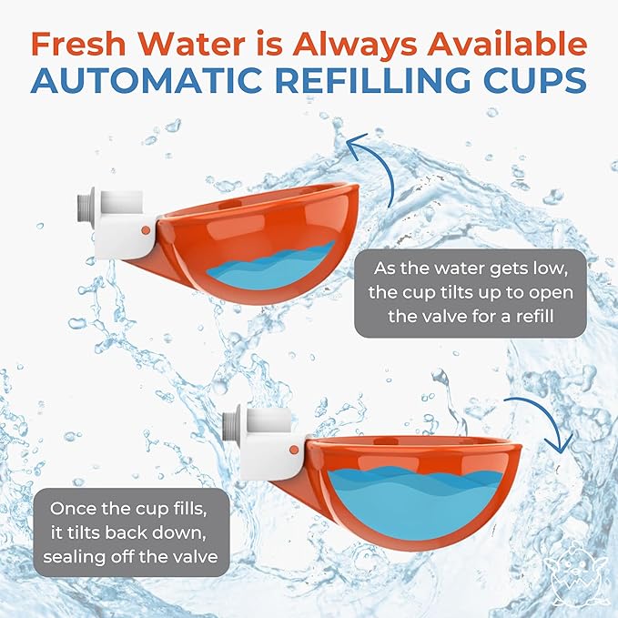 Lil'Clucker Large Automatic Chicken Waterer Cups with 1/2" PVC Tee Fittings - Chicken Water Cups, Chicken Water Feeder, for Chicks, Duck, Goose, Turkey - Poultry Waterer Feeder Kit (Orange, 8-Pack)