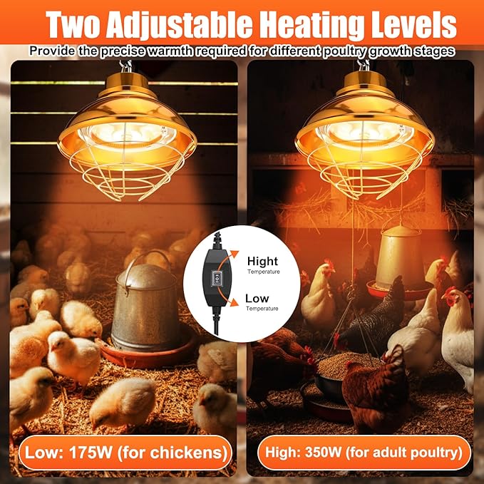 Chicken Heat Lamp Carbon Fiber Tube Brooder Heater Lamp for Chicks, Adjustable 2 Temperature Hanging Chicken Warmer Poultry Automatic Feeder and Waterer Kit for Newborn Livestock 175w/350w