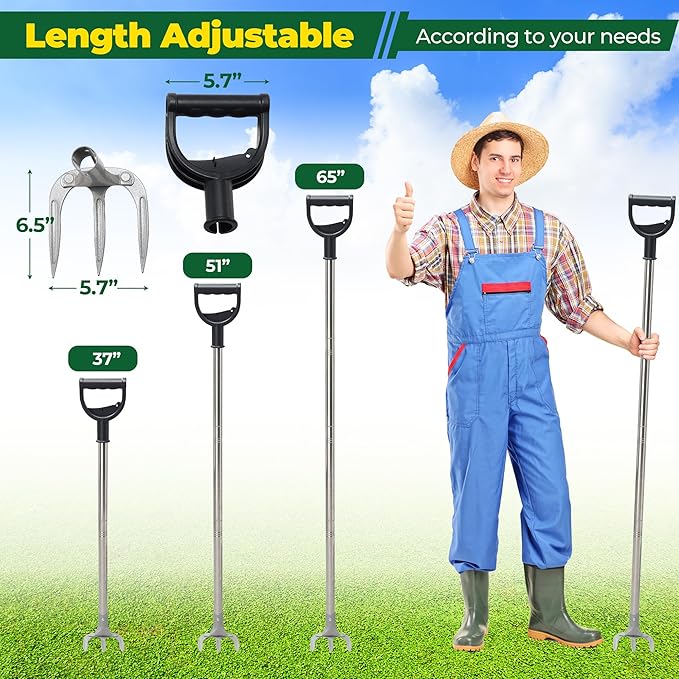 Manual Garden Rake Heavy Duty, Adjustable Handle 3 Tines Garden Cultivator Rake with D-Type Grip for Digging, Weeding, Loosening,Ergonomic Garden Tool