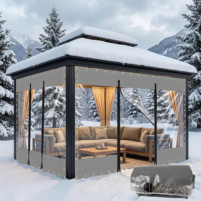 21.16 Oz Heavy Duty Porch Enclosure with Grommets, Grey 10'Wx10'H Clear Tarps Vinyl Patio Enclosure, Thick Clear Heavy-Duty Waterproof PVC Outdoor Curtains for Patio Greenhouse Chicken Coop Covers