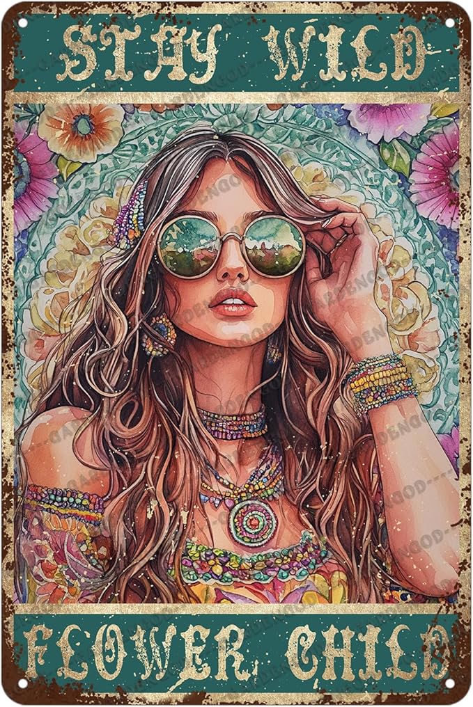 HARIKUIYIN Rustic Retro Metal Tin Sign Stay Wild Flower Child Girl Flowers Wall Art Metal Poster Home Wall Decoration Bar Office Kitchen Home Bedroom Courtyard Decoration Sign 12x8 Inch