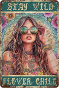 HARIKUIYIN Rustic Retro Metal Tin Sign Stay Wild Flower Child Girl Flowers Wall Art Metal Poster Home Wall Decoration Bar Office Kitchen Home Bedroom Courtyard Decoration Sign 12x8 Inch
