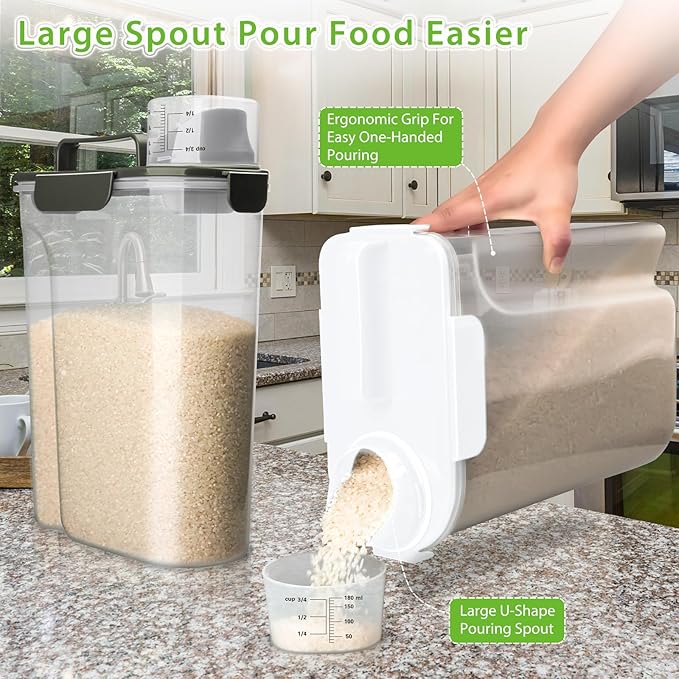 Rice Storage Container, 5 to 10lb Dry Food Airtight Dispenser, Pet Dog Cat Food Canister, BPA Free Clear Plastic Kitchen and Pantry Organization Bin for Oatmeal, Cereal, Pasta, Flour White
